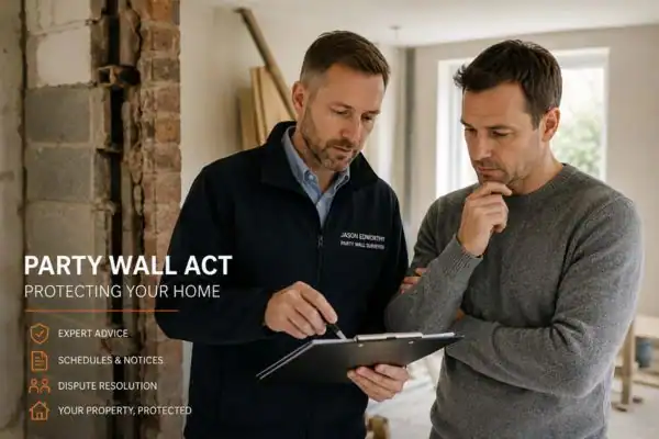 Party wall surveyor Adwick-le-Street discussing extension plans with homeowner outside a UK semi-detached house.